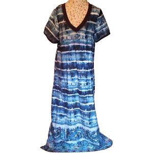 Dreams Co Size 14/16 V-Neck Short Sleeve Cotton Blend Blue Tie Dye Nightgown